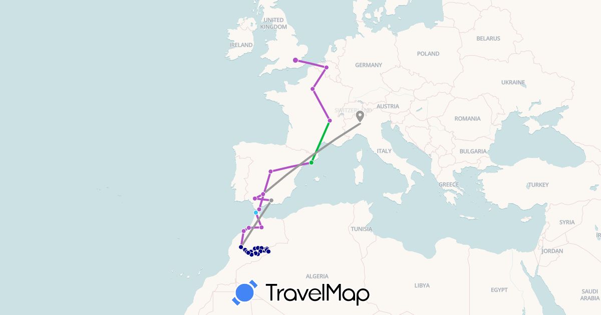 TravelMap itinerary: driving, bus, plane, train, boat in Belgium, Spain, France, United Kingdom, Gibraltar, Italy, Morocco (Africa, Europe)